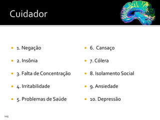 1. Negação
 2. Insônia
 3. Falta de Concentração
 4. Irritabilidade
 5. Problemas de Saúde
 6. Cansaço
 7. Cólera
 8. Isolamento Social
 9. Ansiedade
 10. Depressão
115
 