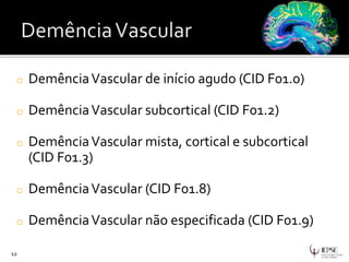 o DemênciaVascular de início agudo (CID F01.0)
o DemênciaVascular subcortical (CID F01.2)
o DemênciaVascular mista, cortical e subcortical
(CID F01.3)
o DemênciaVascular (CID F01.8)
o DemênciaVascular não especificada (CID F01.9)
12
 