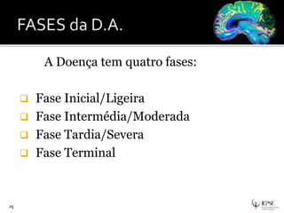 A Doença tem quatro fases:
 Fase Inicial/Ligeira
 Fase Intermédia/Moderada
 Fase Tardia/Severa
 Fase Terminal
25
 