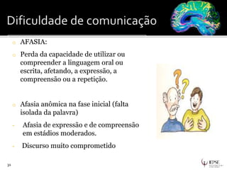 31
o AFASIA:
o Perda da capacidade de utilizar ou
compreender a linguagem oral ou
escrita, afetando, a expressão, a
compreensão ou a repetição.
o Afasia anômica na fase inicial (falta
isolada da palavra)
- Afasia de expressão e de compreensão
em estádios moderados.
- Discurso muito comprometido em fases
avançadas da doença
 