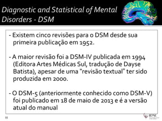 - Existem cinco revisões para o DSM desde sua
primeira publicação em 1952.
- A maior revisão foi a DSM-IV publicada em 1994
(Editora Artes Médicas Sul, tradução de Dayse
Batista), apesar de uma “revisão textual” ter sido
produzida em 2000.
- O DSM-5 (anteriormente conhecido como DSM-V)
foi publicado em 18 de maio de 2013 e é a versão
atual do manual
55
 