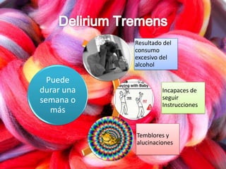 Puede
durar una
semana o
más
Resultado del
consumo
excesivo del
alcohol
Incapaces de
seguir
Instrucciones
Temblores y
alucinaciones
 