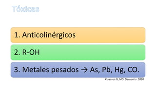 1. Anticolinérgicos
2. R-OH
3. Metales pesados → As, Pb, Hg, CO.
Klaassen G, MD. Dementia. 2010
 