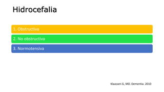 Hidrocefalia
1. Obstructiva
2. No obstructiva
3. Normotensiva
Klaassen G, MD. Dementia. 2010
 