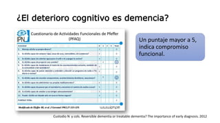 ¿El deterioro cognitivo es demencia?
Un puntaje mayor a 5,
indica compromiso
funcional.
Custodio N y cols. Reversible dementia or treatable dementia? The importance of early diagnosis. 2012
 
