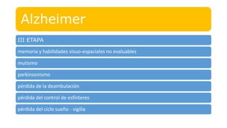 Alzheimer
III ETAPA
memoria y habilidades visuo-espaciales no evaluables
mutismo
parkinsonismo
pérdida de la deambulación
pérdida del control de esfínteres
pérdida del ciclo sueño - vigilia
 