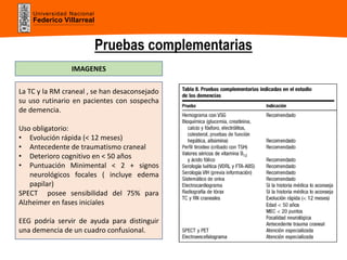 Universidad Nacional
Federico Villarreal
Pruebas complementarias
La TC y la RM craneal , se han desaconsejado
su uso rutinario en pacientes con sospecha
de demencia.
Uso obligatorio:
• Evolución rápida (< 12 meses)
• Antecedente de traumatismo craneal
• Deterioro cognitivo en < 50 años
• Puntuación Minimental < 2 + signos
neurológicos focales ( incluye edema
papilar)
SPECT posee sensibilidad del 75% para
Alzheimer en fases iniciales
EEG podría servir de ayuda para distinguir
una demencia de un cuadro confusional.
IMAGENES
 