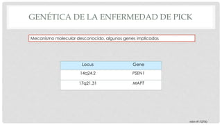 GENÉTICA DE LA ENFERMEDAD DE PICK 
Mecanismo molecular desconocido, algunos genes implicados 
Locus Gene 
14q24.2 PSEN1 
17q21.31 MAPT 
MIM #172700 
 