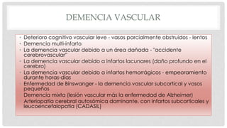 DEMENCIA VASCULAR 
• Deterioro cognitivo vascular leve - vasos parcialmente obstruidos - lentos 
• Demencia multi-infarto 
• La demencia vascular debido a un área dañada - "accidente 
cerebrovascular” 
• La demencia vascular debido a infartos lacunares (daño profundo en el 
cerebro) 
• La demencia vascular debido a infartos hemorrágicos - empeoramiento 
durante horas-días 
• Enfermedad de Binswanger - la demencia vascular subcortical y vasos 
pequeños 
• Demencia mixta (lesión vascular más la enfermedad de Alzheimer) 
• Arteriopatía cerebral autosómica dominante, con infartos subcorticales y 
leucoencefalopatia (CADASIL) 
 
