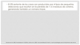 • El 5% restante de los casos son producidos por 4 tipos de pequeñas 
deleciones que resultan en la pérdida de 1 ó 3 residuos de cisteína, 
generando también un número impar. 
Sandoval et al. 2002. Novedades en CADASIL, Santos et al. 2006. Vía de señalización Notch y nuevas estrategias para el tratamiento del cáncer 
