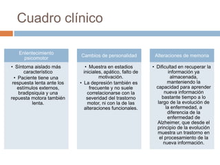 Cuadro clínico
Enlentecimiento
psicomotor
• Síntoma aislado más
característico
• Paciente tiene una
respuesta lenta ante los
estímulos externos,
bradipsiquia y una
repuesta motora también
lenta.
Cambios de personalidad
• Muestra en estadios
iniciales, apático, falto de
motivación.
• La depresión también es
frecuente y no suele
correlacionarse con la
severidad del trastorno
motor, ni con la de las
alteraciones funcionales.
Alteraciones de memoria
• Dificultad en recuperar la
información ya
almacenada,
manteniendo la
capacidad para aprender
nueva información
bastante tiempo a lo
largo de la evolución de
la enfermedad, a
diferencia de la
enfermedad de
Alzheimer, que desde el
principio de la evolución
muestra un trastorno en
el procesamiento de la
nueva información.
 