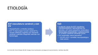 ETIOLOGÍA
Enf vasculatura cerebral y sist
CV
• Hipoperfusión y embolia cardiaca.
• Enf  interrumpen función cerebral N y
causan deterioro cognitivo por isquemia
cerebral o pérdida integridad vascular con
hemorragia.
VaD
• Cualquier causa de ACV isquémico
(cardioembolismo, aterosclerosis AA
grandes, enf vasos pequeños cerebrales),
hemorragia intracerebral o subaracnoidea
 si lesión cerebral suficiente/ grave.
• Enf cerebrales vasos pequeños.
• 20-25% ACV: correlato neuropatológico
más común.
Eric Smith, MD, Clinton B Wright, MD, MS. Etiology, clinical manifestations, and diagnosis of vascular dementia - UpToDate. May 2020
 