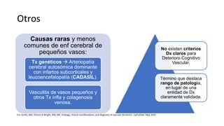Otros
Causas raras y menos
comunes de enf cerebral de
pequeños vasos:
Tx genéticos  Arteriopatía
cerebral autosómica dominante
con infartos subcorticales y
leucoencefalopatía (CADASIL).
Vasculitis de vasos pequeños y
otros Tx infla y colagenosis
venosa.
No existen criterios
Dx claros para
Deterioro Cognitivo
Vascular.
Término que destaca
rango de patología,
en lugar de una
entidad de Dx
claramente validada.
Eric Smith, MD, Clinton B Wright, MD, MS. Etiology, clinical manifestations, and diagnosis of vascular dementia - UpToDate. May 2020
 