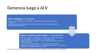 Demencia luego a ACV
Infarto estratégico (o hemorragia):
• Daño en una sola ubicación del cerebro→ suficiente para deterioro cognitivo clínica/
significativo.
• Lóbulos frontales mediales (territorio AA cerebral anterior), cortezas lenguaje, tálamo y
lóbulos temporales mediales.
Deterioro cognitivo puede mejorar→ recuperación ACV.
• Evolución estático y no progresivo→ TTO FxR CV y no ACV recurrentes.
• 10% desarrollarán nueva demencia 1-4 años luego de ACV.
• Estudios basados ​​en población→ tasa promedio de deterioro cognitivo se
acelera luego ACV.
• +1/2 nuevos casos de demencia >1 a→ nuevos ACV recurrentes.
• Resto nuevos casos de demencia + Sx cognitivos progresivos→ Enf cerebral
progresiva de pequeños vasos y no a la EA.
Eric Smith, MD, Clinton B Wright, MD, MS. Etiology, clinical manifestations, and diagnosis of vascular dementia - UpToDate. May 2020
 