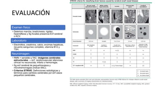 EVALUACIÓN
Examen físico
• Deterioro marcha, bradicinesia, rigidez,
hiperreflexia y Sg focales presencia Enf cerebral
o ACV.
Laboratorio
• Electrolitos, creatinina, calcio, enzimas hepáticas,
recuento sanguíneo completo, vitamina B12 y
TSH.
Neuroimagen:
• RMN + sensible q TAC: imágenes cerebrales
estructurales → enf cerebrovascular silenciosa
clínica/ no reconocida, infarto o hemorragia.
• Sg enf cerebral de pequeñosvasos y
microhemorragias (indicar AAC).
• Criterios STRIVE: Definiciones radiológicas y
términos para cambios cerebrales por enf vasos
pequeños cerebrales.
 