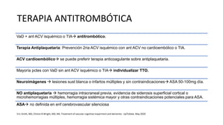 TERAPIA ANTITROMBÓTICA
VaD + ant ACV isquémico o TIA antitrombótico.
Terapia Antiplaquetaria: Prevención 2ria ACV isquémico con ant ACV no cardioembólico o TIA.
ACV cardioembólico se puede preferir terapia anticoagulante sobre antiplaquetaria.
Mayoría pctes con VaD sin ant ACV isquémico o TIA individualizar TTO.
Neuroimágenes  lesiones sust blanca o infartos múltiples y sin contraindicaciones ASA 50-100mg día.
NO antiplaquetaria  hemorragia intracraneal previa, evidencia de siderosis superficial cortical o
microhemorragias múltiples, hemorragia sistémica mayor y otras contraindicaciones potenciales para ASA.
ASA no definida en enf cerebrovascular silenciosa
Eric Smith, MD, Clinton B Wright, MD, MS. Treatment of vascular cognitive impairment and dementia - UpToDate. May 2020
 