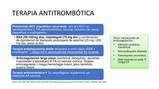 TERAPIA ANTITROMBÓTICA
Prevención ACV isquémico recurrente, con ant ACV no
cardioembólico o TIA aterotrombótico, lacunar (oclusivo de vasos
pequeños) o criptogénico.
• ASA (50-100mg día), clopidogrel (75 mg día) y combinación
de dipiridamol de liberación prolongada de aspirina (25 mg / 200
mg dos veces al día).
Terapia antiplaquetaria doble temprana a corto plazo (ASA +
clopidogrel): ↑ riesgo ACV, aterosclerosis intracraneal Sx reciente.
• Anticoagulación largo plazo (warfarina; dabigatrán, apixabán,
rivaroxabán o edoxabán) FA no valvular crónica. Terapia
anticoagulante > riesgo hemorragia mayor, pero beneficio
supera riesgo.
Terapia antitrombótica Sx neurológicos isquémicos ​​por
disección AA cervical.
Otras indicaciones de
anticoagulación:
• Válvulas cardíacas
mecánicas
• Miocardiopatía dilatada
• Valvulopatía reumática
• IAM reciente en pcte ↑
riesgo CV
Karen L Furie, MD, MPH, Natalia S Rost, MD, MPH. Overview of secondary prevention of ischemic stroke - UpToDate. May 2020
 