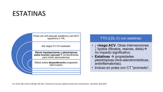 ESTATINAS
Pctes con enf vascular periférica y ant ACV
isquémico o TIA.
Dar según Fx CV evaluado.
Efecto hipolipemiante y pleiotrópicos
sobre función vascular combinándose
para inhibir aterosclerosis.
Efecto sobre desaceleración progresión
VaD incierto.
TTO (LDL-C) con estatinas:
• ↓ riesgo ACV. Otras intervenciones
↓ lípidos (fibratos, resinas, dieta)
no impacto significativo.
• Estatinas  propiedades
pleiotrópicas (Anti-aterotrombóticas,
antiinflamatorias).
• Incluso en pctes con CT "promedio“.
Eric Smith, MD, Clinton B Wright, MD, MS. Treatment of vascular cognitive impairment and dementia - UpToDate. May 2020
 
