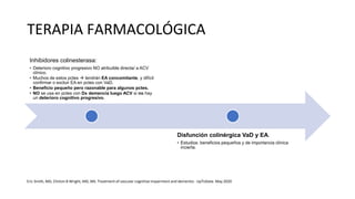 TERAPIA FARMACOLÓGICA
Inhibidores colinesterasa:
• Deterioro cognitivo progresivo NO atribuible directa/ a ACV
clínico.
• Muchos de estos pctes  tendrán EA concomitante, y difícil
confirmar o excluir EA en pctes con VaD.
• Beneficio pequeño pero razonable para algunos pctes.
• NO se usa en pctes con Dx demencia luego ACV si no hay
un deterioro cognitivo progresivo.
Disfunción colinérgica VaD y EA.
• Estudios: beneficios pequeños y de importancia clínica
incierta.
Eric Smith, MD, Clinton B Wright, MD, MS. Treatment of vascular cognitive impairment and dementia - UpToDate. May 2020
 
