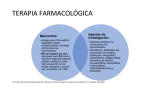 TERAPIA FARMACOLÓGICA
Memantina:
• Antagonista ® N-metil-D-
aspartato, inhibe
excitotoxicidad y protege
contra lesiones
neurológicas.
• NO se sugiere su uso.
Aprobada para EA mod a
severa algunos médicos
pueden usarla en pctes
VaD porque EA no se
puede descartar y puede
ser comórbida con VaD.
Agentes de
investigación:
• Agentes evidencia no
concluyente. No
recomendada
• Nimodipina, alcaloides del
cornezuelo de centeno
(hidergina, nicergolina),
cerebrolisina, ginkgo biloba,
derivados de xantina
(propentofilina, pentoxifilina
y denbufilina),
citidinedifosfocolina y
piracetam.
Eric Smith, MD, Clinton B Wright, MD, MS. Treatment of vascular cognitive impairment and dementia - UpToDate. May 2020
 