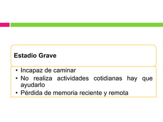 Estadío Grave
• Incapaz de caminar
• No realiza actividades cotidianas hay que
ayudarlo
• Pérdida de memoria reciente y remota
 