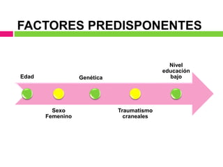 FACTORES PREDISPONENTES
Edad
Sexo
Femenino
Genética
Traumatismo
craneales
Nivel
educación
bajo
 