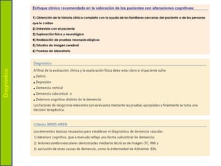 Enfoque clínico recomendado en la valoración de los pacientes con alteraciones cognitivas:

              1) Obtención de la historia clínica completa con la ayuda de los familiares cercanos del paciente o de las personas
              que le cuidan
              2) Entrevista con el paciente
              3) Exploración física y neurológica
              4) Realización de pruebas neuropsicológicas
              5) Estudios de imagen cerebral
              6) Pruebas de laboratorio
Diagnóstico
 