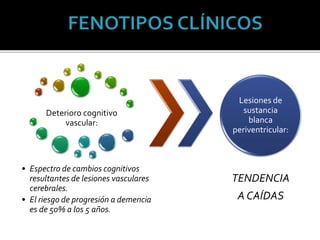 Deterioro cognitivo
vascular:
• Espectro de cambios cognitivos
resultantes de lesiones vasculares
cerebrales.
• El riesgo de progresión a demencia
es de 50% a los 5 años.
Lesiones de
sustancia
blanca
periventricular:
TENDENCIA
A CAÍDAS
 