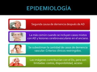 Segunda causa de demencia después de AD
La más común cuando se incluyen casos mixtos
con AD y lesiones cerebrovasculares en el anciano.
Se subestiman la cantidad de casos de demencia
vascular: Criterios clínicos restringidos.
Las imágenes contribuirían con el Dx, pero son
limitadas: costos, disponibilidad, acceso
 