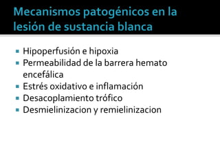  Hipoperfusión e hipoxia
 Permeabilidad de la barrera hemato
encefálica
 Estrés oxidativo e inflamación
 Desacoplamiento trófico
 Desmielinizacion y remielinizacion
 