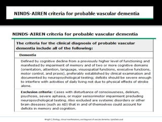 Wrigth C; Etiology, clinical manifestations, and diagnosis of vascular dementia: UptoDate 2016
 