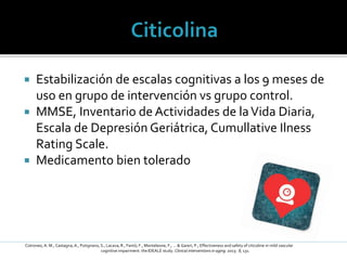  Estabilización de escalas cognitivas a los 9 meses de
uso en grupo de intervención vs grupo control.
 MMSE, Inventario de Actividades de laVida Diaria,
Escala de Depresión Geriátrica, Cumullative Ilness
Rating Scale.
 Medicamento bien tolerado
Cotroneo, A. M., Castagna, A., Putignano, S., Lacava, R., Fantò, F., Monteleone, F., ... & Gareri, P.; Effectiveness and safety of citicoline in mild vascular
cognitive impairment: the IDEALE study. Clinical interventions in aging. 2013: 8, 131.
 