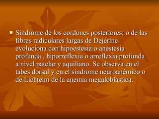 <ul><li>Síndrome de los cordones posteriores: o de las fibras radiculares largas de Dejérine evoluciona con hipoestesia o ...