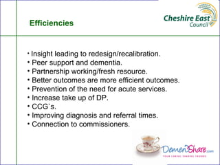 Efficiencies


• Insight leading to redesign/recalibration.
• Peer support and dementia.
• Partnership working/fresh resource.
• Better outcomes are more efficient outcomes.
• Prevention of the need for acute services.
• Increase take up of DP.
• CCG`s.
• Improving diagnosis and referral times.
• Connection to commissioners.
 