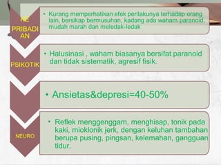 • Reflek menggenggam, menghisap, tonik pada
kaki, mioklonik jerk, dengan keluhan tambahan
berupa pusing, pingsan, kelemahan, gangguan
tidur,
NEURO
 