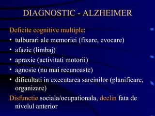 DIAGNOSTIC - ALZHEIMER Deficite cognitive multiple : tulburari ale memoriei (fixare, evocare) afazie (limbaj) apraxie (activitati motorii) agnosie (nu mai recunoaste) dificultati in executarea sarcinilor (planificare, organizare) Disfunctie  sociala/ocupationala,  declin  fata de nivelul anterior  