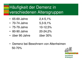 Häufigkeit der Demenz in
verschiedenen Altersgruppen
•   65-69 Jahre     2,4-5,1%
•   70-74 Jahre     5,3-9,1%
•   75-79 Jahre     10-12,5%
•   80-90 Jahre     20-24,2%
•   über 90 Jahre   über 30%

• Demenz bei Bewohnern von Altenheimen
  50-70%
 