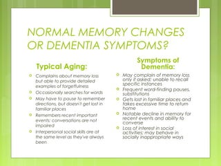 NORMAL MEMORY CHANGES
OR DEMENTIA SYMPTOMS?
Typical Aging:
 Complains about memory loss
but able to provide detailed
examples of forgetfulness
 Occasionally searches for words
 May have to pause to remember
directions, but doesn't get lost in
familiar places
 Remembers recent important
events; conversations are not
impaired
 Interpersonal social skills are at
the same level as they've always
been
Symptoms of
Dementia:
 May complain of memory loss
only if asked; unable to recall
specific instances
 Frequent word-finding pauses,
substitutions
 Gets lost in familiar places and
takes excessive time to return
home
 Notable decline in memory for
recent events and ability to
converse
 Loss of interest in social
activities; may behave in
socially inappropriate ways
 