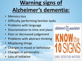 Warning signs of
Alzheimer’s dementia:
• Memory loss
• Difficulty performing familiar tasks
• Problems with language
• Disorientation to time and place
• Poor or decreased judgement
• Problems with abstract thinking
• Misplacing things
• Changes in mood or behaviour
• Changes in personality
• Loss of initiative
 