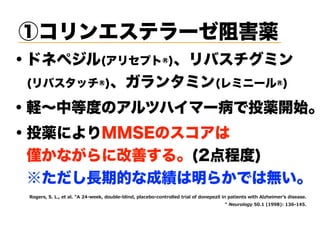 ①コリンエステラーゼ阻害薬
SKI W A I EP 2 ( II HSY PI PMRH TPEGI S GSR SPPIH MEP SJ HSRITI MP MR TE MIR W M L 2P LIM I W HMWIEWI  
' ' ."0 '), '
・投薬によりMMSEのスコアは
 僅かながらに改善する。(2点程度)
 ※ただし長期的な成績は明らかでは無い。
・軽∼中等度のアルツハイマー病で投薬開始。
・ドネペジル(アリセプト®)、リバスチグミン 
 (リバスタッチ®)、ガランタミン(レミニール®)
 