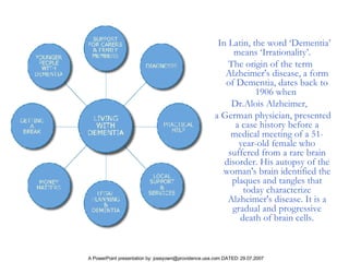 In Latin, the word ‘Dementia’ means ‘Irrationality’.  The origin of the term Alzheimer's disease, a form of Dementia, dates back to 1906 when  Dr.Alois Alzheimer,  a German physician, presented a case history before a medical meeting of a 51-year-old female who suffered from a rare brain disorder. His autopsy of the woman's brain identified the plaques and tangles that today characterize Alzheimer's disease. It is a gradual and progressive death of brain cells. 