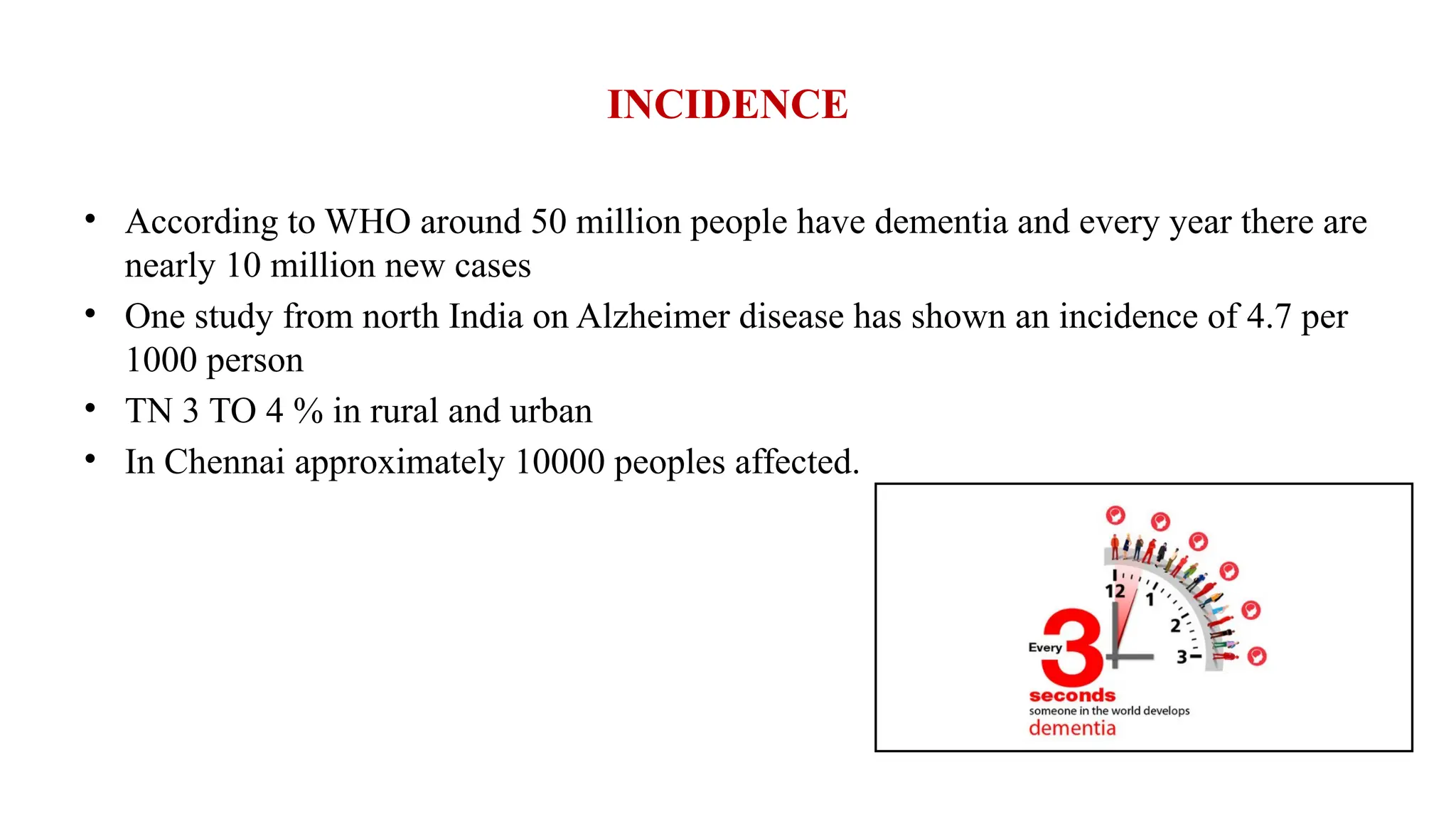 INCIDENCE
• According to WHO around 50 million people have dementia and every year there are
nearly 10 million new cases
• One study from north India on Alzheimer disease has shown an incidence of 4.7 per
1000 person
• TN 3 TO 4 % in rural and urban
• In Chennai approximately 10000 peoples affected.
 