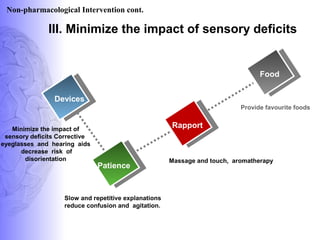 III. Minimize the impact of sensory deficits
Provide favourite foods
Devices
Patience
Rapport
Food
Slow and repetitive explanations
reduce confusion and agitation.
Massage and touch, aromatherapy
Minimize the impact of
sensory deficits Corrective
eyeglasses and hearing aids
decrease risk of
disorientation
Non-pharmacological Intervention cont.
 