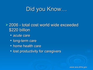 Did you Know… 2006 - total cost world wide exceeded $220 billion  acute care long-term care  home health care  lost productivity for caregivers   www.aoa.dhhs.gov 
