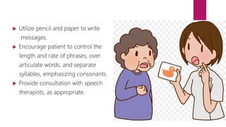  Utilize pencil and paper to write
messages.
 Encourage patient to control the
length and rate of phrases, over
articulate words, and separate
syllables, emphasizing consonants.
 Provide consultation with speech
therapists, as appropriate.
 