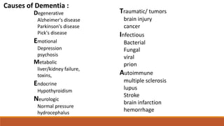 Causes of Dementia :
Degenerative
Alzheimer's disease
Parkinson's disease
Pick's disease
Emotional
Depression
psychosis
Metabolic
liver/kidney failure,
toxins,
Endocrine
Hypothyroidism
Neurologic
Normal pressure
hydrocephalus
Traumatic/ tumors
brain injury
cancer
Infectious
Bacterial
Fungal
viral
prion
Autoimmune
multiple sclerosis
lupus
Stroke
brain infarction
hemorrhage
 