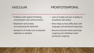 VASCULAR FRONTOTEMPORAL
• Problems with speed of thinking ,
concentration and communication
• Depression and anxiety
accompanying the dementia
• Symptoms of stroke such as physical
weakness or paralysis
• Lack of insight and loss of ability to
empathise with others
• More likely to have difficulties with
language and emotional responses.
• Become extrovert when previously
outgoing and withdrawn when
previously outgoing
 