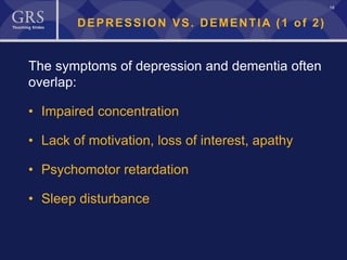 19
DEPRESSION VS. DEMENTIA (1 of 2)
The symptoms of depression and dementia often
overlap:
• Impaired concentration
• Lack of motivation, loss of interest, apathy
• Psychomotor retardation
• Sleep disturbance
 