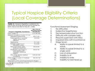 Typical Hospice Eligibility Criteria
(Local Coverage Determinations)
Functional Assessment Staging
1. No difficulties
2. Subjective forgetfulness
3. Decreased executive function
4. Difficulty with complex tasks
5. Requires supervision with ADLs
6. Impaired ADLs with incontinence
7. Stage Seven
A. Ability to speak limited to 6
words
B. Ability to speak limited to a
single word
C. Loss of ambulation
D. Inability to sit
E. Inability to smile
F. Inability to hold head up
 