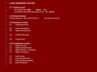 LURIA NEBRASKA SCALES 2.1  Critical Level   (as based from  age  years   and  completed educational exposure of  10   years ) 2.2 Clinical Scales Scales beyond  the critical limit of  are deviant scores 2.3 Summary Scales S1 Pathognomonic S2 Left hemisphere S3 Right hemisphere S4 Profile Elevation S5 Impairment 2.4 Localization scales L1 Right Frontal L2 Right Sensorimotor L3 Right Parieto –Occipital L4 Right Temporal L5 Left frontal L6 Left Sensorimotor L7 Left parietal-occipital L8 Left Temporal 